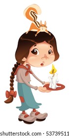 Young girl with squirrel and candle. Vector cartoon and isolated scene.