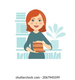 Ein junges Mädchen mit einem Stapel Bücher in den Händen. Ein Büroangestellter oder Bibliothekar. Einzige Vektorgrafik auf weißem Hintergrund.