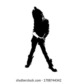 Young girl standing with arm in arm and straddled legs, schoolgirl posing front view. Isolated vector silhouette. Ink drawing