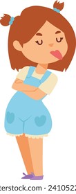 Young girl standing with arms crossed, pouting lips, displeased expression. Cartoon child shows attitude, stubbornness. Emotional kid, defiance concept vector illustration.