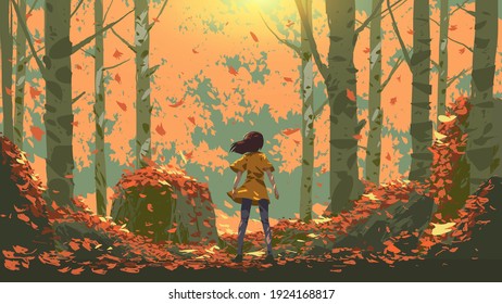 young girl standing in the autume forest, vector illustration 