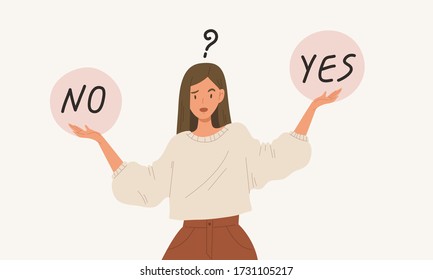 Young girl standing confusedly to choose YES or NO, flat style vector illustration cartoon character. Concept of choice, selection, answer, reply, accept of refuse. Use with advertisement or business.