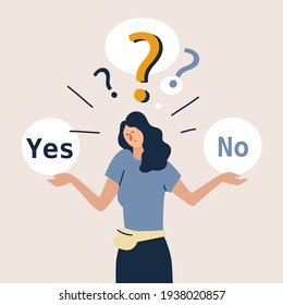 Young girl standing confusedly to choose YES or NO. Concept of choice, selection, answer, reply, accept of refuse. Flat style vector illustration cartoon character.