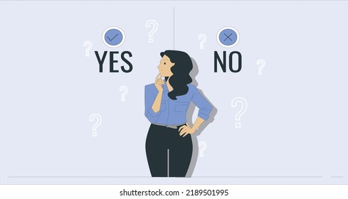 Young girl standing confusedly to choose YES or NO, flat style vector illustration cartoon character. Concept of choice, selection, answer, reply, accept of refuse. Use with advertisement or business.