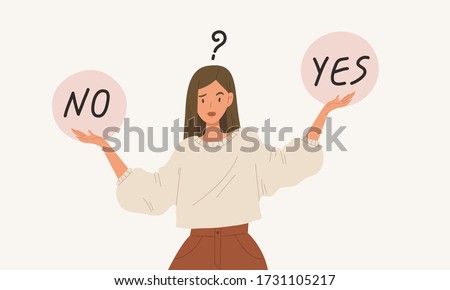 Young girl standing confusedly to choose YES or NO, flat style vector illustration cartoon character. Concept of choice, selection, answer, reply, accept of refuse. Use with advertisement or business.