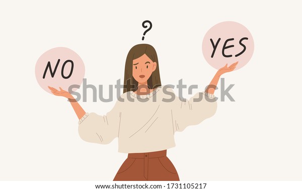 Young girl standing confusedly to choose YES or
NO, flat style vector illustration cartoon character. Concept of
choice, selection, answer, reply, accept of refuse. Use with
advertisement or
business.