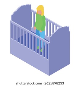 Young girl is standing in a crib, possibly indicating a need for attention or signaling bedtime