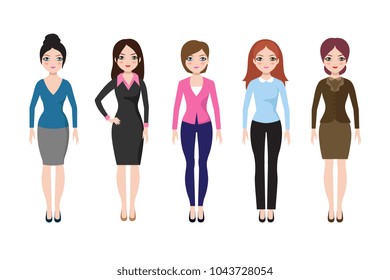 Young girl standing in different casual clothes isolated. Businesswoman in dress and pants vector set. Woman adult, businesswoman character in formal clothing illustration