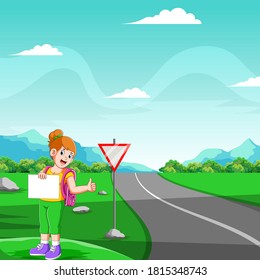 The young girl are standing and holding the blank board to stop the car 