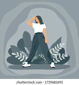 Young girl standing and looking forvard. Cartoon teen lady for design birthday card,  party invitation, feminism  event, shop sale, night out t shirts print etc. 