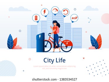 Young Girl Standing near Electric Bicycle Charging At Station Banner. Hybrid Transport Flat Vector Illustration. Modern Bike Fulling Battery with Wall Outlet Plug Wire. EV Station.