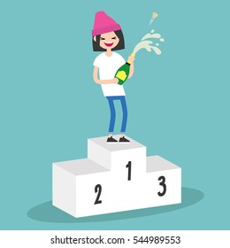 Young girl standing on the pedestal and opening a bottle of champagne. Opened champagne sprayed. Celebration concept. / flat editable vector illustration