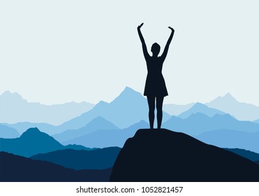 Young girl standing on rock and enjoying success in mountain landscape - vector