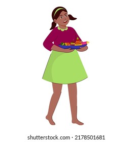 Young Girl Standing With A Plate Of Firecrackers On White Background.