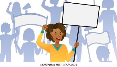 Young girl, standing and protesting with placard with crowd on white background. Protest, demonstration. Vector illustration for postcard, banner, web, advertising, article, design, art.