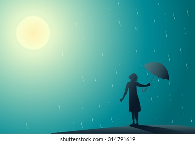 Young Girl Standing In The Rain Pulls Aside Umbrella To Look At Bright Sun, Rain Is Over