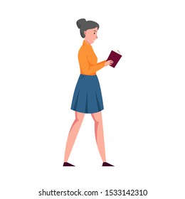 Young girl standing and reading a book with the purple cover. Vector illustration in a flat cartoon style.