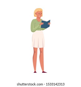 Young girl standing and reading a book with the blue cover. Vector illustration in a flat cartoon style.