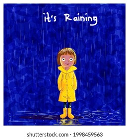 Young girl standing under raining character vector illustration.
