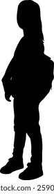 A young girl stands with a backpack, representing a student or traveler in a simple yet expressive vector silhouette. isolated on transparent background. eps10.