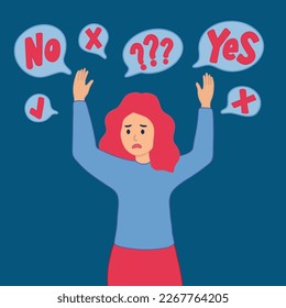 Young girl stands embarrassed to choose YES or NO, flat style cartoon character vector illustration. The concept of choice, choice, response, acceptance of failure. Use with advertising or business.