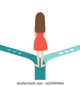 A young girl stands with her back.There are two ways ahead.The right and left.The concept of choosing the future.Study or work. Family or work. Choice.Flat vector on white background