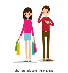 Young girl stands and holds shopping bags in both hands. Young man is shocked by number of purchases. One hand of the boy is next to the heart, and second hand supports head. Illustration. Flat style