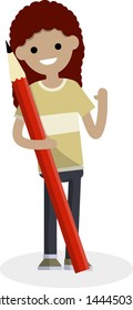 Young girl stands with a huge red pencil. The artist with the pen. Creative person. Cartoon flat illustration. Drawing lesson