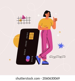 Young girl stands near a big bank card. Credit or debit lines, cashless payment, transfer money. Hand drawn vector illustration isolated on white background with geometric shapes. Flat cartoon style.
