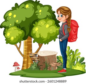 Young girl stands near tree in forest setting
