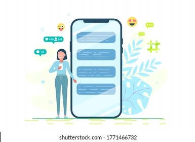 A young girl stands next to a huge smartphone and uses her own smartphones with elements of social networks and emoji icons in the background