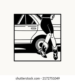 Young girl stands next to a retro car. Stylish fashion woman wearing cycling shorts and cowboy boots. Black and white square Hand drawn modern Vector illustration. Poster, print, logo template 