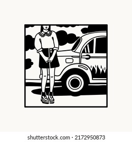 Young girl stands next to a retro car. Stylish woman wearing trendy fashion clothes. Black and white square Hand drawn modern Vector illustration. Poster, print, logo template 