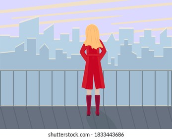 A young girl stands on the roof of the observation deck and looks at the view of the city at dawn. Vector illustration.