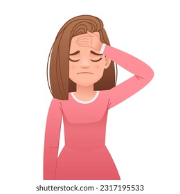 A young girl stands in sadness and holds her hand on her forehead. Portrait of a beautiful sad woman. Vector cartoon illustration isolated on white background.