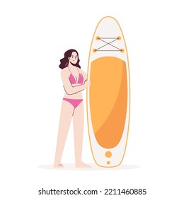 Young girl stands in swimsuit next to sup. Stand up paddle. Modern flat style illustration isolated on white background.