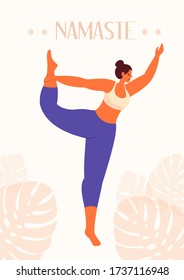 Young girl stands in yoga pose and meditating.  Physical and spiritual practice. Vector modern illustration in flat style.