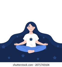 Young girl with stars in the hair relaxing in lotos pose. Kids meditation and yoga concept vector illustration.