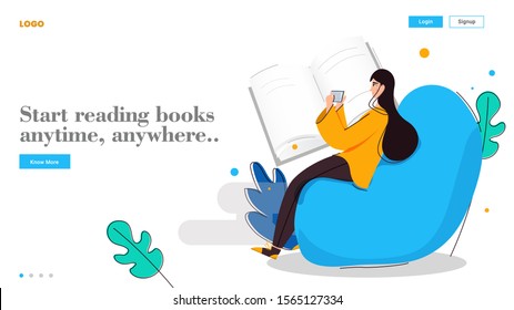 Young girl start reading books anytime, anywhere from smartphone on abstract background for Online Education concept based landing page design.