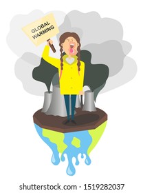 Young girl stay on melting earth with a global warming poster. School kids protesters, climate change, save our planet, stop CO 2 isolated on white background