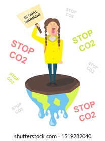 Young girl stay on melting earth with a global warming poster. School kids protesters, climate change, save our planet, stop CO 2 isolated on white background