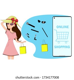a young girl stays with a package and glasses. The girl buys cosmetics via phone.