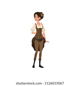 Young girl in steampunk costume. Woman wearing chemise blouse, pants, corset and boots. Fancy festival dress. Flat vector design