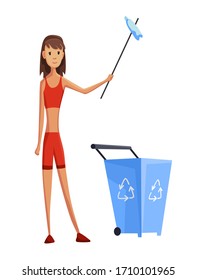 Joven con palo y tirón. Recolección de basura