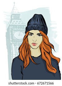 Young girl, street style. Beauty and fashion. Vector illustration.