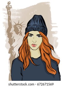 Young girl, street style. Beauty and fashion. Vector illustration.