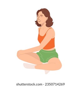 Young girl stretching and doing yoga exercises in the morning. Morning routine. Healthy lifestyle, training and sports. Vector illustration in flat style on a white background