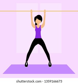 A young girl for a stretching exercise in a gym. Fit young woman in sportswear. Vector graphic illustration.