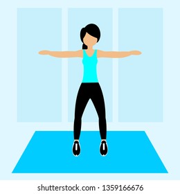 A young girl for a stretching exercise in a gym. Fit young woman in sportswear. Vector graphic illustration.