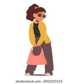 Chica Joven Golpea Una Pose Confiada En La Moda De Vestir, El Carácter Que Exuda El Estilo Y El Encanto Con Su Ropa De Moda, Accesorios Modernos Y La Conducta Juguetona. Ilustración vectorial de Personas de dibujos animados